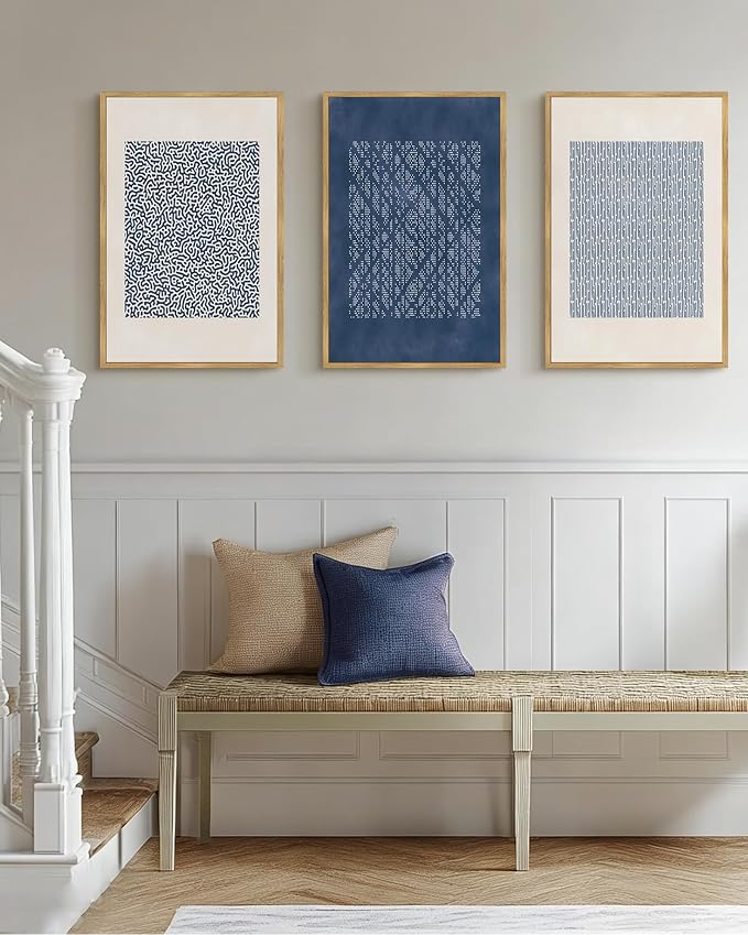 Drsoum Blue Mid-Century Modern Framed Wall Art Large 16x24in Minimalist Abstract Boho Wall Decor Geometric Artwork Kitchen Dining Room Natural Framed