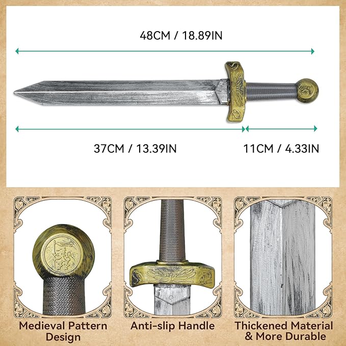 2pcs Toy Sword,18.9" Plastic Roman Sword for Kids Boys Role-Play Accessory,Medieval Knight Toy,Halloween Cosplay,Props Silver