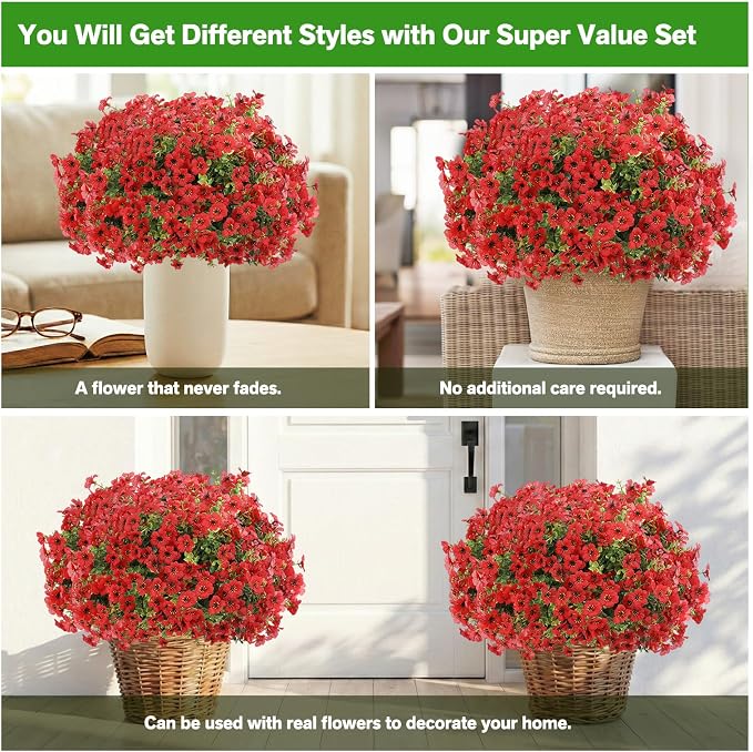 13 Bundles Artificial Flowers for Outdoors Summer Decoration | Silk Realistic UV Resistant Fake Plants Faux Flowers for Outside Planter Porch Yard Patio Garden Home Indoor, Red