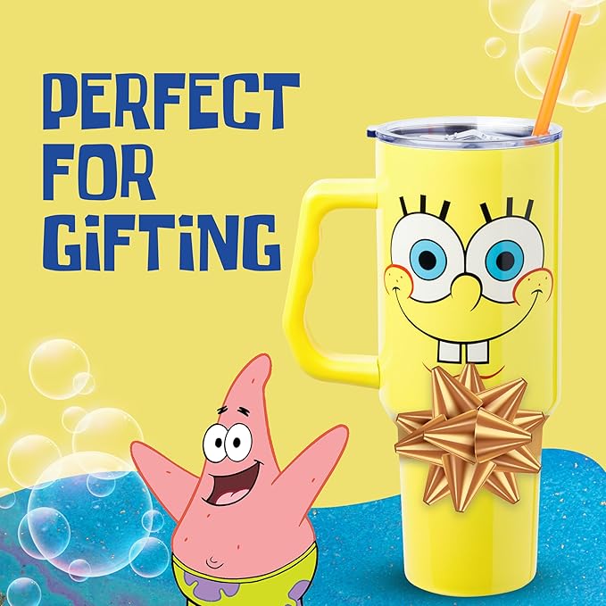 Silver Buffalo SpongeBob SquarePants Double Walled Stainless Steel Tumbler with Handle, Fits in Standard Cup Holder, 40 Ounces