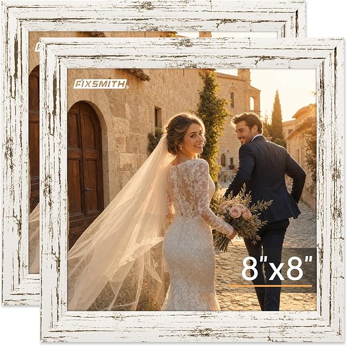 FIXSMITH 8x8 Picture Frame 2 Pack, Distressed White Photo Frame with HD Plexiglass, Display Pictures 6x6 with Mat or 8x8 Without Mat, Distressed White Multi Picture Frames Collage for Tabletop or Wall Display