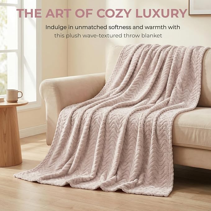 Exclusivo Mezcla Large Fleece Throw Blanket for Couch, Sofa, Camel | 50"x70" Soft Breathable Lightweight Flannel Throws for Summer, Plush Cozy Jacquard Wave Blanket for Home Decor