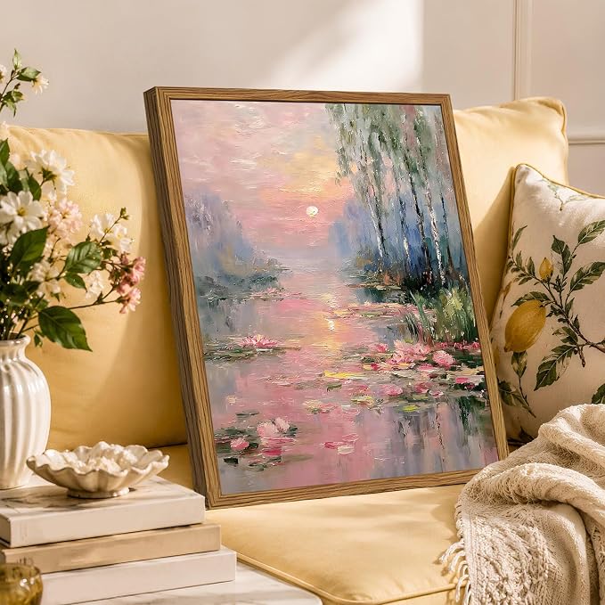 Framed Vintage Monet Canvas Wall Art, Pink Water Lilies Floral Pictures Wall Decor, Impressionist Sunset Landscape Paintings Prints Nature Aesthetic Artwork for Living Room Bedroom 12x16 inch