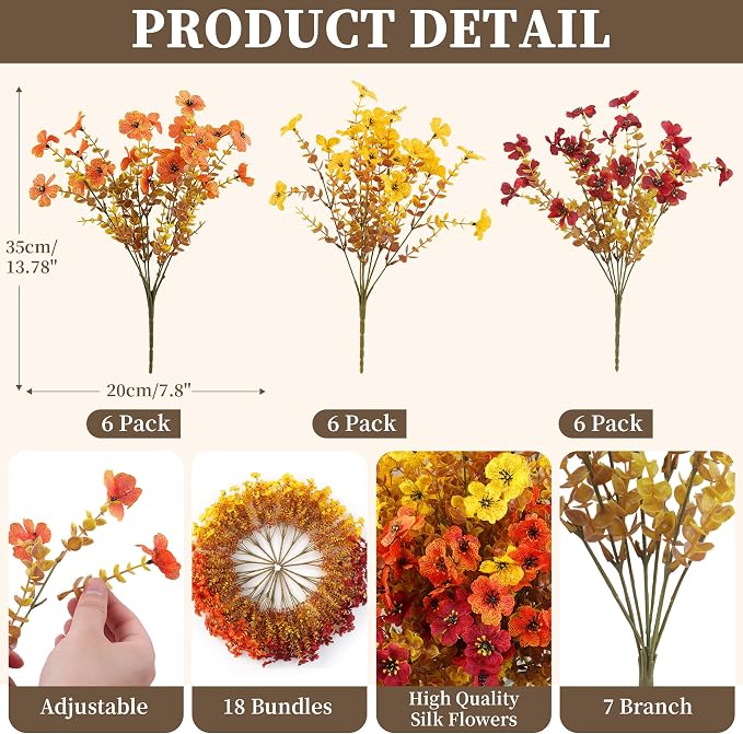 ColoPlay 18 PCS Artificial Mums for Outdoors Faux Mums of Eucalyptus Leaves | Artificial Mums for Outdoors/Indoors Faux Mums, Fall Flowers for Decoration Planters Boxwood Garden Porch Window Home