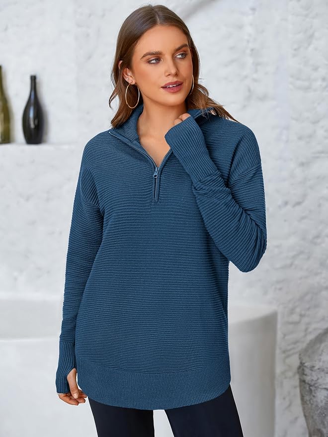 PRETTYGARDEN Womens Long Sleeve Quarter Zip Pullover Sweater Casual Loose V Neck Collared Ribbed Knit Jumper Tops Thumb Hole