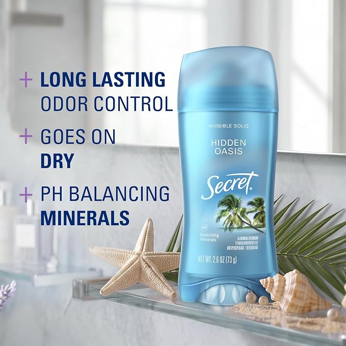 Secret Fresh Antiperspirant Deodorant for Women, 72hr Breathable Sweat & Odor Protection, Instant Freshness & Gentle, PH Balancing Minerals, Invisible Solid, Hidden Oasis Scent, 2.6 oz