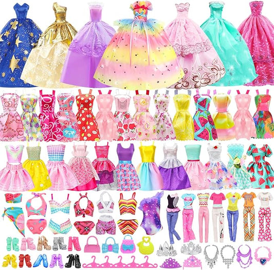 K.T. Fancy 100 Pcs Doll Clothes and Accessories 5 Wedding Gowns 10 Camisole Dress 2 Fashion Dresses 2 Tops 2 Pants 2 Bikini Swimsuits 10 Shoes 40 Hangers 17 Accessories for 11.5 inch Doll