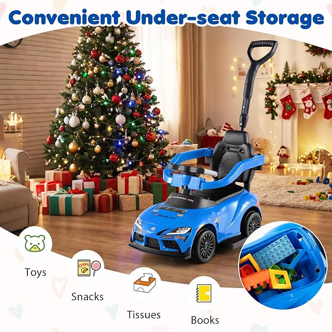 Costzon Push Car for Toddlers, 3 in 1 Toyota Licensed Stroller Sliding Walking Car w/Handle, Music, Safety Guardrail, Under-Seat Storage, Foot-to-Floor Kids Ride On Toys for Boys Girls (Blue)