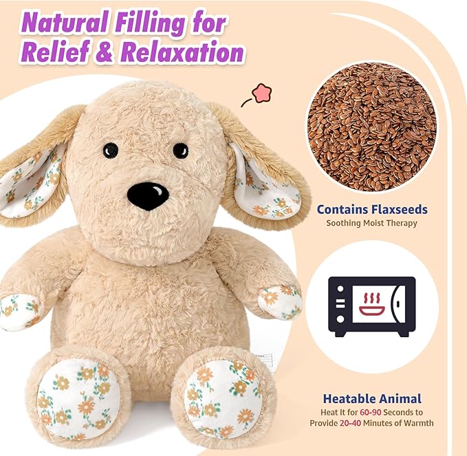 Ditucu Original Golden Retriever Microwavable Weighted Stuffed Animal Heated Dog Plush for Warmth Comfort Period Cramps Pain Plushies Toys Gifts for Kids Adults Light Brown 9 inch