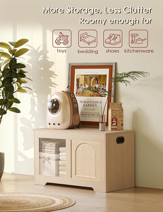 Storage Chest, Wooden Toy Box, Natural 31.5" L | Entryway Shoe Bench, 2 Soft-close Hinges, Finger-safe Flip-Top Lid, Easy Assembly, Farmhouse Large Trunk, Living Room/Bedroom