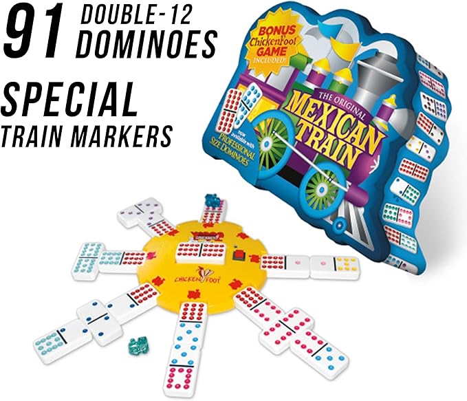 Mexican Train Double 12 Professional Size Dominoes with Bonus Chickenfoot Game Included Travel Tin Board Game, 91 Tiles, Challenging, Fun Game for Ages 6 Years & Up, Blue