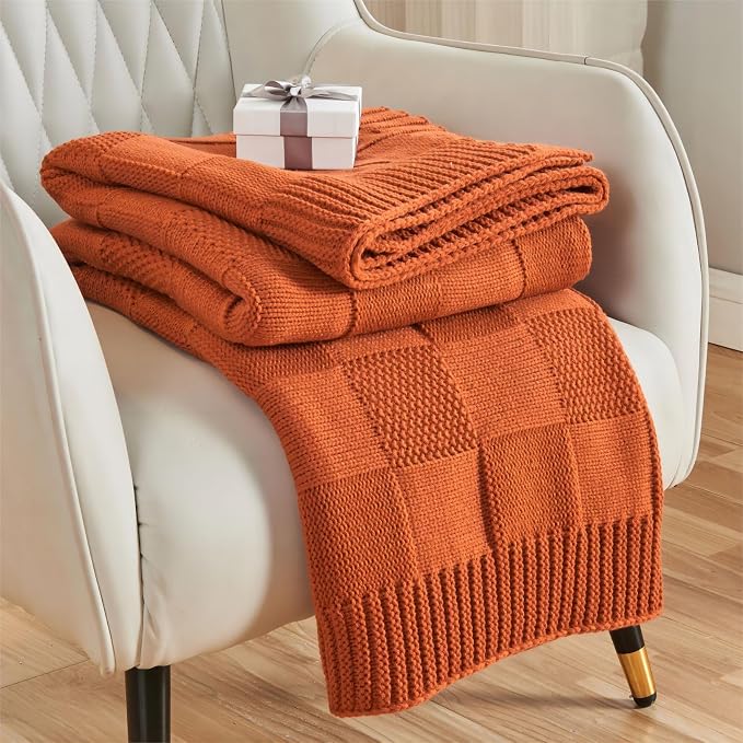 CozeCube Rust Orange Knitted Checkered Throw Blanket 50"X60" | Check Knit Throw for Couch, Decorative Christmas Soft Cozy Warm Blanket for Bed Sofa Living Room