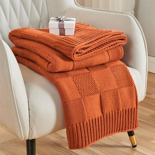 CozeCube Rust Orange Knitted Checkered Throw Blanket 50"X60" | Check Knit Throw for Couch, Decorative Christmas Soft Cozy Warm Blanket for Bed Sofa Living Room