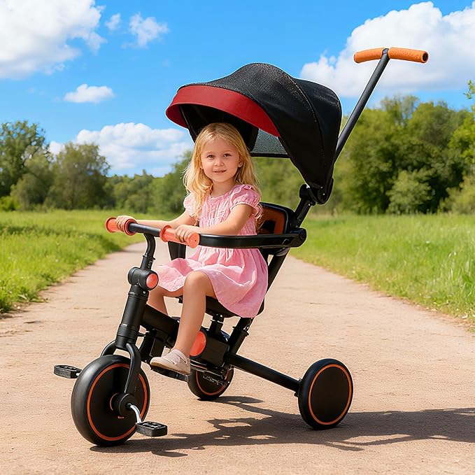 7-in-1 Foldable Baby Tricycle with Removable Canopy – Adjustable Parent Handle, Safety Harness & Wheel Brakes for Toddlers 1-5 Years Old, Balance Bike & Push Trike Gift for Boys & Girls, Black