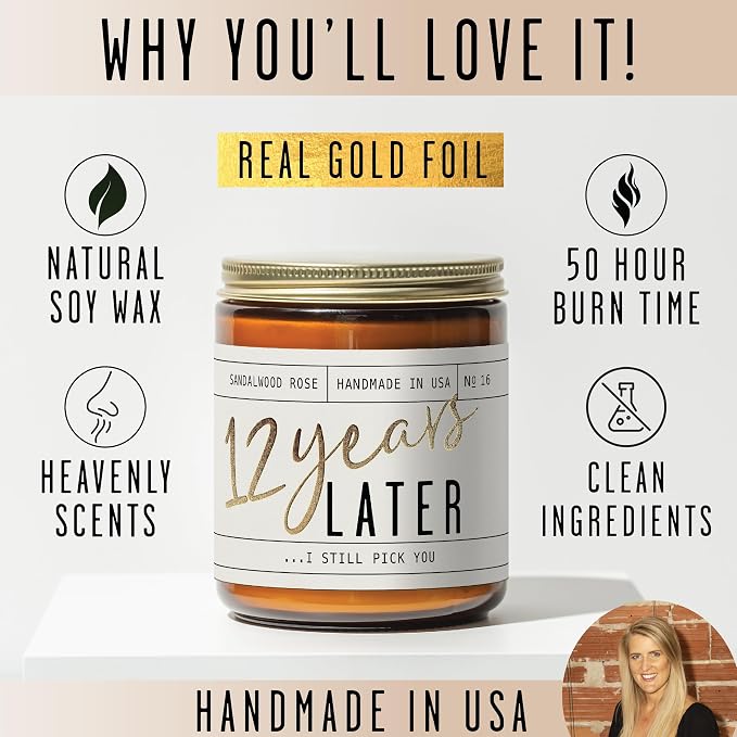 12 Year Anniversary Gifts for Wife - '12 Years Together' Candle, w/Sandalwood Rose - infused w/Essential Oils I 12th Anniversary Gifts for Her I 50Hr Burn, Made in USA