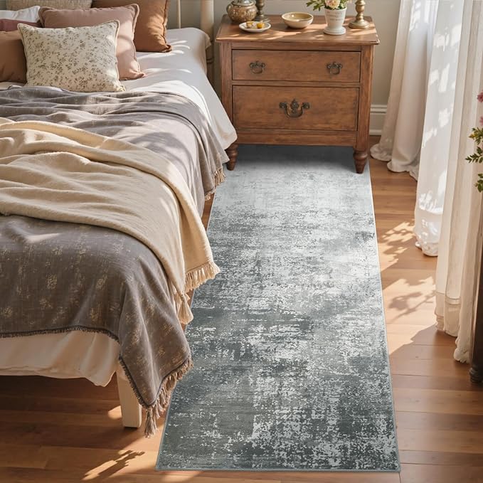 2x6 Ft Washable Runner Rug, Non-Slip Low Pile Hallway Kitchen Area Rug, Soft Long Entryway Floor Mat Abstract Pattern Carpet for Bedside & High-Traffic Areas (Grey)