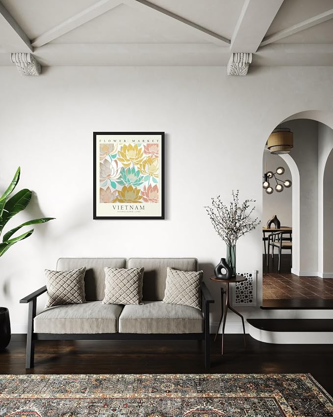 Vietnam, Lotus Art Print Poster, Flower Market Wall Art, Floral Artwork Decor for Bedroom, Kitchen, Bathroom, Livingroom Decoration 52 (Vietnam, Lotus, 14"L x 11"W, Black Frame)