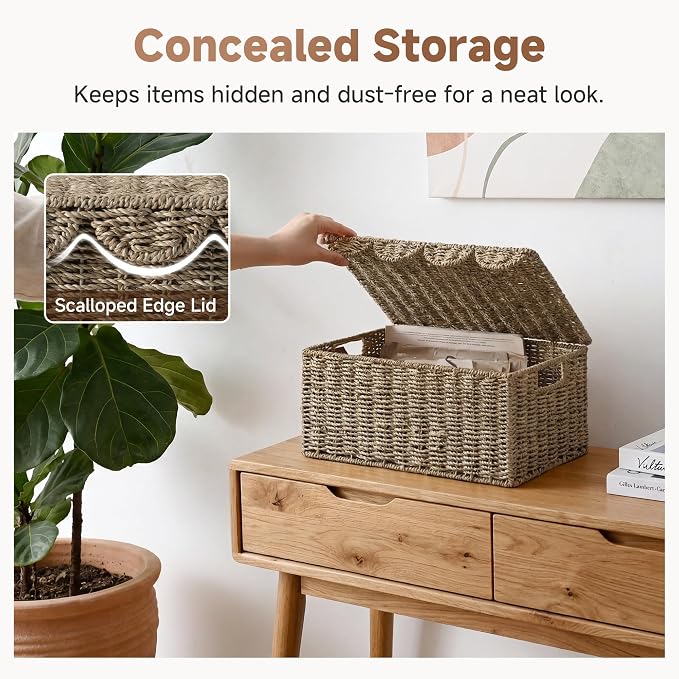 StorageWorks Scalloped Edge Wicker Basket, Seagrass Storage Baskets for Living Room, Bedroom, 15" L x 11 ¼" W x 7" H | Rattan Storage Baskets with Scalloped Edge, Basket with Lid Decorative Storage, Woven Wicker Basket for Living Room, Bedroom