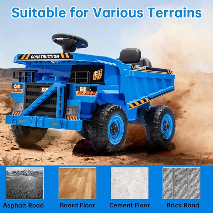 POSTACK 12V Ride On Construction Truck,Battery Powered Ride On Car with Remote Control, Kids Electric Vehicle with Shovel, Speaker, Bluetooth, Music,Boys Girls Gift, 3 Speeds,Blue
