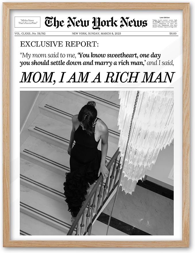 EcoHest 12x16 in Mom I Am a Rich Man Newspaper Framed Wall Art | Natural Oak Wood Frame, Canvas Wall Art, Girly Fashion Magazine Decor for Bedroom, Apartment, Dorm Room, College Room, 1Pack
