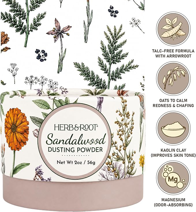 Sandalwood Dusting Powder (2 oz Travel Size) – Talc-Free Body Powder with Arrowroot & Magnesium for Odor & Moisture – Soothing Anti-Chafe Powder for Underarms, Bra Line & Body – Made in USA