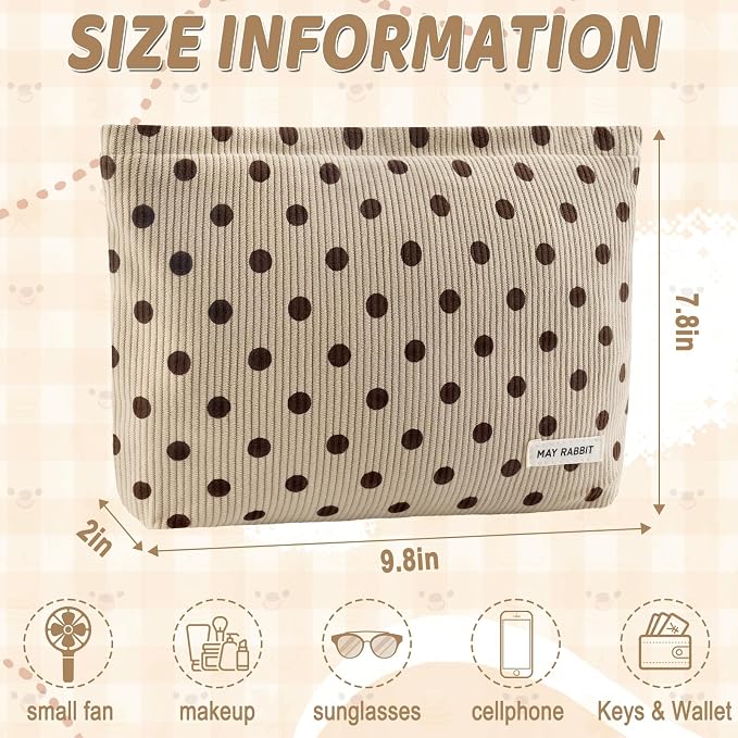 ZLFSRQ Corduroy Makeup Bag for Women Girls Cute Polka Dot Cosmetic Bag for Purse Large Capacity Trendy Zipper Makeup Pouch Toiletry Pouch Aesthetic Skincare Make Up Essentials Organizer Bags (Beige)
