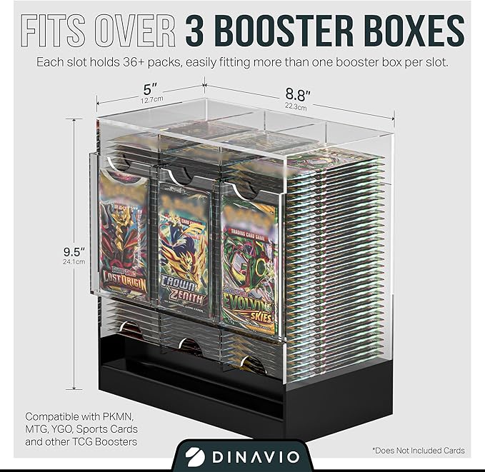 Dinavio Crafthouse 3-Slot Booster Pack Dispenser with Black Base - Fits 120 Booster Packs for Dispensing - Compatible with TCG Trading Card Boosters and Sports Card Boosters - 4mm Acrylic Stackable