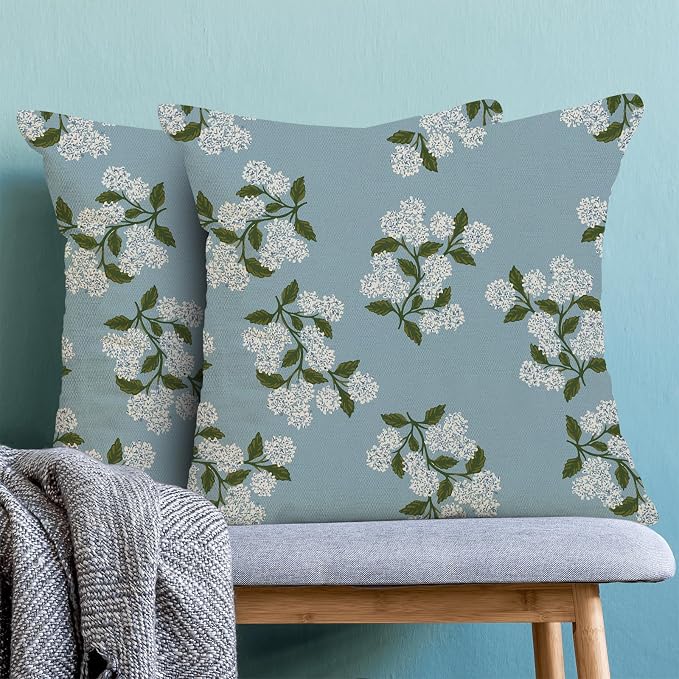 AEIOAE Spring Pillow Covers 18x18 Inch Set of 2, Baby Blue Green Hydrangea Flower Throw Pillows Case,Floral Summer Outdoor Seasonal Decorative Farmhouse Decor Cushion Covers for Home Sofa Bed Couch