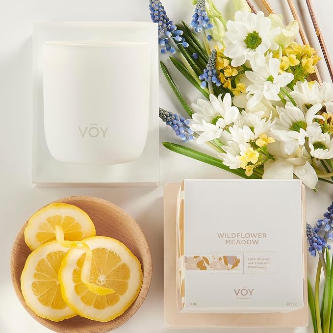 VOY Scented Candle, Fragrant Floral Wildflower Meadow Scent, 55 Hour Burn Time, Premium Blended Soy Candle, High-Fragrance Load, 8 oz Jar Candle, Aromatherapy Candle with Sustainable Gift Packaging