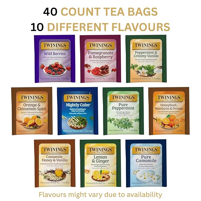 Twinings Herbal Caffeine-Free Tea Bags Sampler, Assortment Variety Pack (40 Count) 10 Different Flavours for Tea Lovers: Her, Him, Women, Men, Couples, Family, Friends, Coworkers