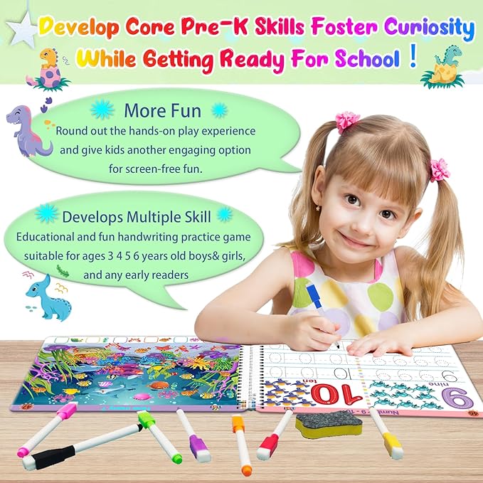 Montessori Preschool Learning Tracing Workbook - Toddler Handwriting Practice Letter and Numbers Busy Activity Book Dry Erase, Autism Materials Prek Educational Learning Toy for Kids Age 3 4 5