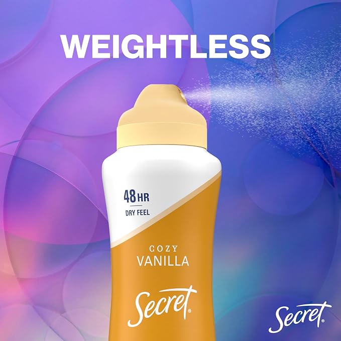 Secret Dry Spray Antiperspirant Deodorant for Women, 48hr Weightless Sweat & Odor Protection, Gentle on Skin, Cozy Vanilla Scent, 4.1 oz (Pack of 3)
