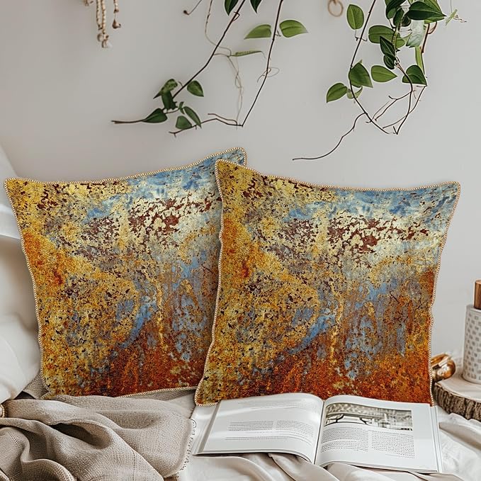 KSLIDS Brown Rust Soft Velvet Throw Pillow Covers Set of 2 Gold Orange Teal Rustic Decorative Pillow Covers 20x20 Inch Rusty Copper Metallic Bronze Pillow Case for Sofa Couch Living Room Home Decor