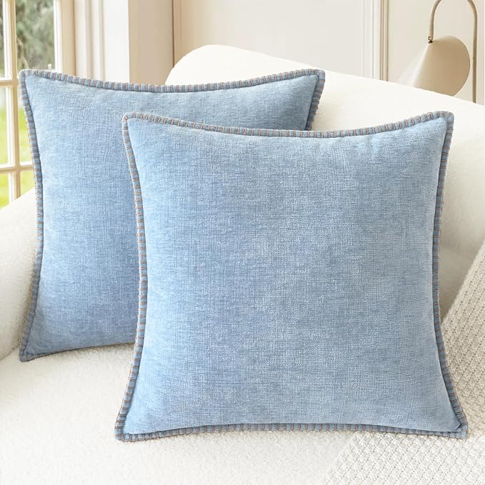 CaliTime Decorative Couch Throw Pillow Covers 18 X 18 Inches Baby Blue | Pack of 2, Cozy Chenille Cushion Cases, Cotton Thread Stitching Edges, for Sofa Bed Living Room Farmhouse