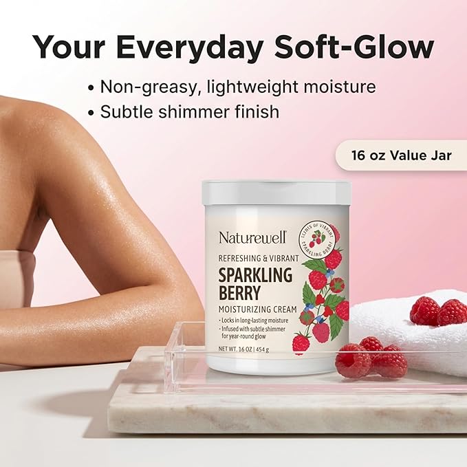 NATURE WELL Sparkling Berry Refreshing & Vibrant Body Cream Moisturizer, Infused with Natural Oils & Extracts, Non-Greasy, Lightweight, Helps Lock in Moisture, Infused with Subtle Shimmer, 16 Oz