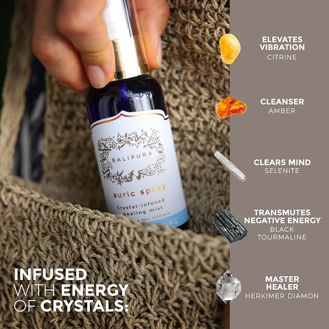 BALIPURA - Space Clearing Healing Aura Crystal Spray - Black Tourmaline & Selenite Crystals - Tea Tree, Lavender & Clary Sage Organic Essential Oils Blends - Handmade in Bali - 3.4 fl.oz