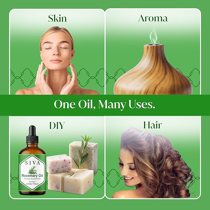 Siva Rosemary Essential Oil 4 Fl Oz – for Diffuser, Skin & Hair Care – Ideal for Massage & DIY Blends- with Dropper