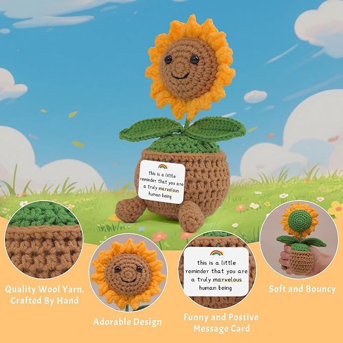 Positive Sunflower Crochet Gifts with Inspirational Card, Handmade Emotional Support Cute Sunflower Toy for Women Friends, Teacher, Coworker Birthday Christmas Thank You Gifts