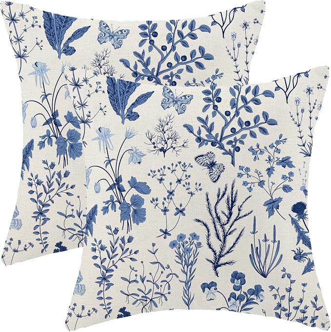 AEIOAE Summer Pillow Covers 18x18 Inch Set of 2,Navy Blue Wild Flower Plant Throw Pillows Case,Seasonal Floral Outdoor Decorative Square Linen Farmhouse Decor Cushion Covers for Home Couch Sofa Bed