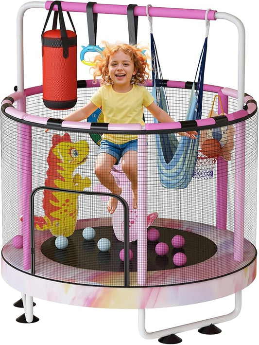 LAMERGE 55" 7-in-1 Round Trampoline for Kids Boys & Girls Ages 1-8, Indoor & Outdoor Trampoline for Fun, Adjustable Height Handrail ＆ Enclosed Safety Net ＆ Durable Designs for Toddlers Children