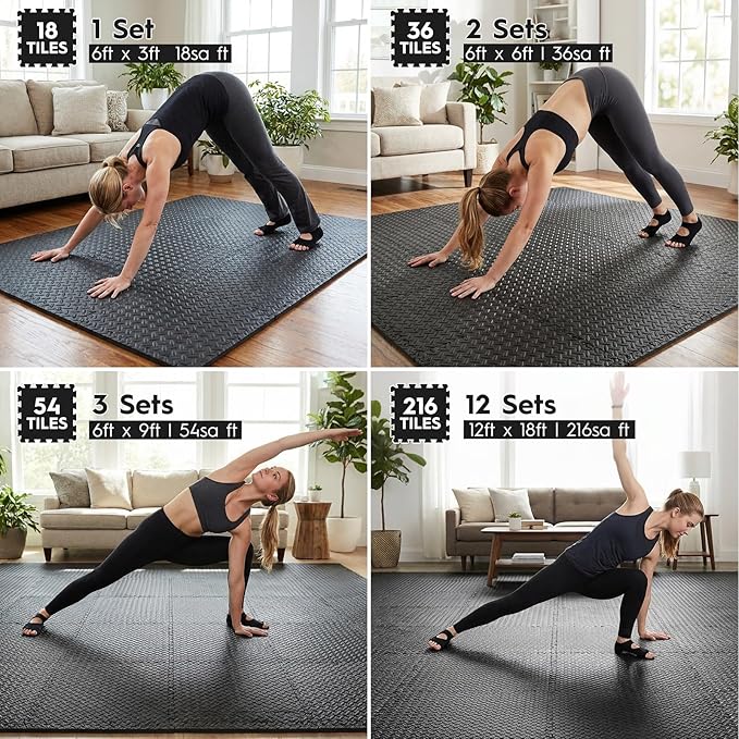 18pcs Puzzle Exercise Mat, 12.6"x12.6"x0.4", 18sqft EVA Interlocking Foam Floor Tiles, Protective, Water-Resistant Flooring for Home Gym & Workout Equipment