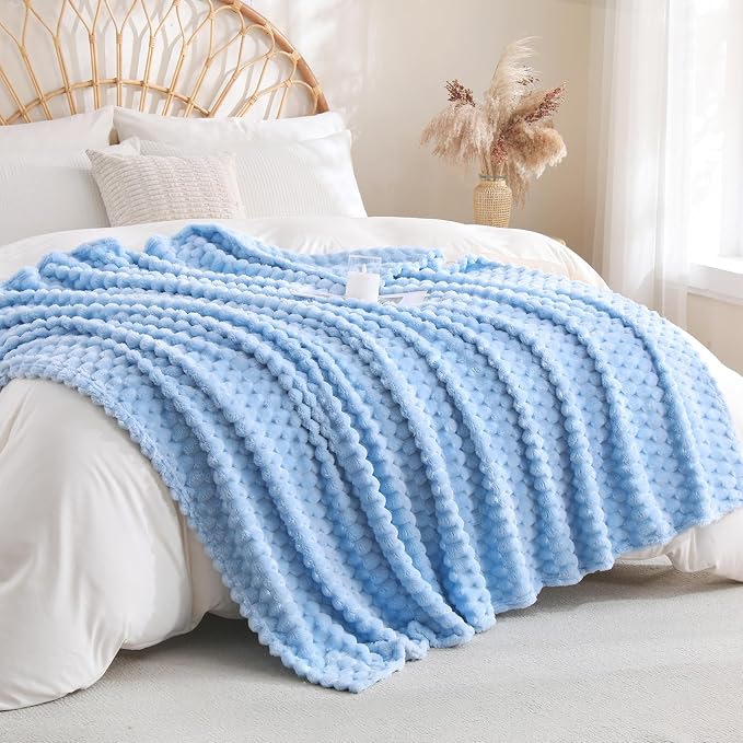 Light Blue Fleece Throw Blanket 50"×60" for Couch Sofa Bed | Super Soft Cozy Plush Microfiber Flannel, 3D Jacquard Lightweight for Mom Woman