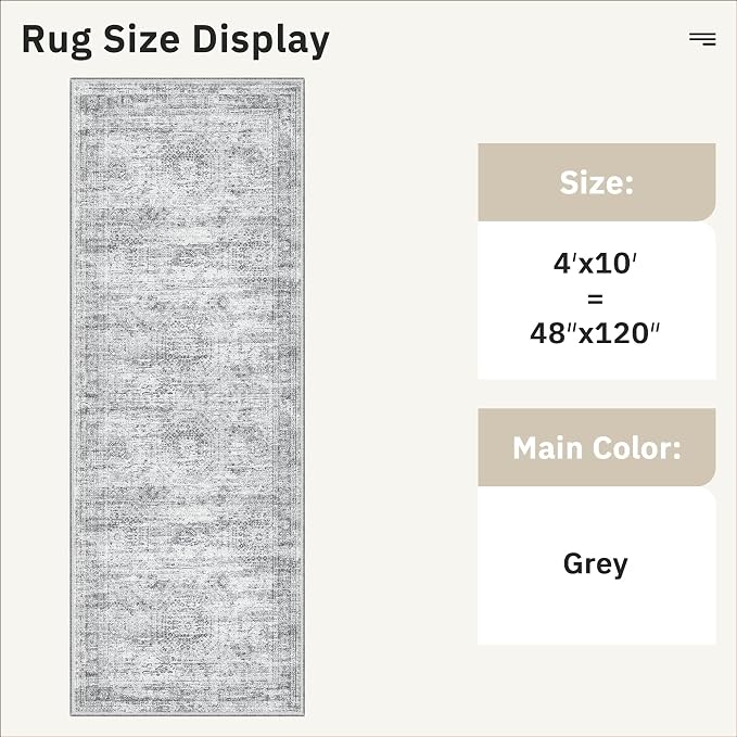 Soalmost Washable Hallway Runner Rug 4x10 Kitchen Entry Rugs Non-Slip, Grey | Vintage Wide Runners for Living Dining Room Entryway, Stain Resistant Low-Pile Long Floor Carpet 10ft for Corridor Bedroom