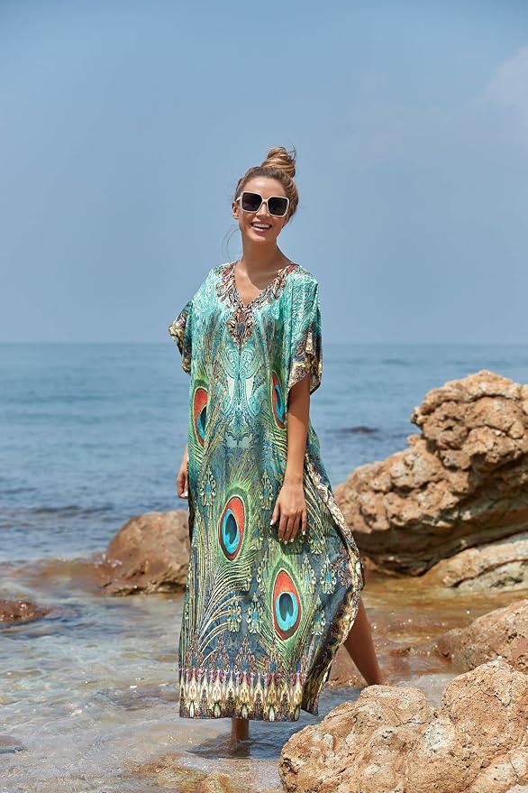 Venasha Womens Caftan Floral Print Kaftan Dress Short Sleeve Swimsuit Cover up Loungewear for Summer