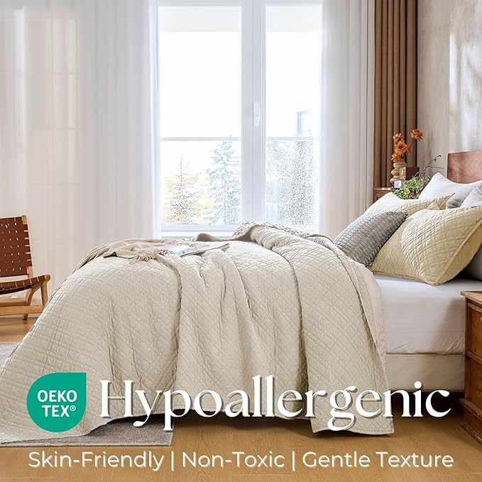 DOWN HOME Twin Quilt Set with Sham Lightweight Quilted Bedspread Coverlet Thin Comforter Bed Cover Vintage Washed Quilted Blanket for All Season, Brushed Microfiber Diamond Stitching, Beige, 66"x92"