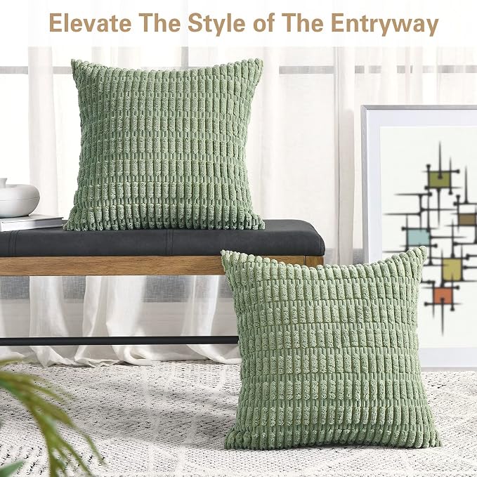 Volcanics Pack of 2 Sage Green Decorative Throw Pillow Covers 16x16 Inch | Soft Corduroy Striped Square Cushion Cases, Modern Farmhouse Boho Home Decor for Spring Couch Bed Sofa Living Room