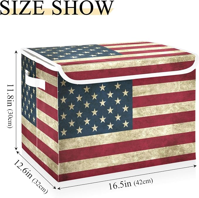 American Flag Storage Bins with Lids and Carrying Handle,Foldable Storage Boxes Organizer Containers Baskets Cube with Cover for Home Bedroom Closet Office