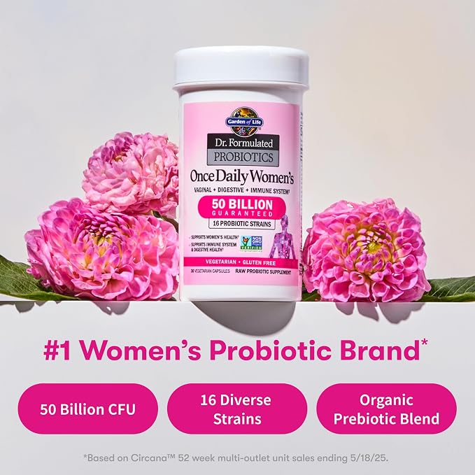 Garden of Life Once Daily Dr.Formulated Probiotics for Women 50 Billion CFU 16 Probiotic Strains with Organic for Digestive,Vaginal & Immune Health,Dairy Free,Shelf Stable 30 Capsules (Pack of 6)