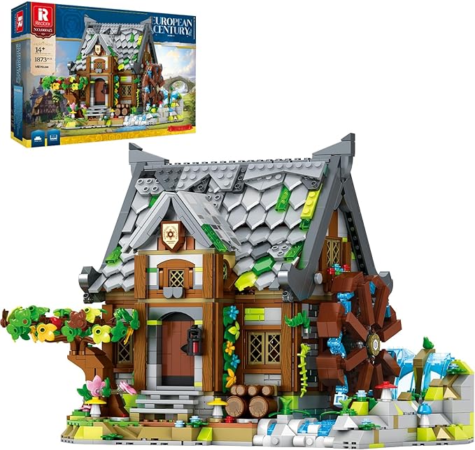 Medieval Watermill Building Set – 1873 PCS Medieval House with Rotating Water Wheel, Architecture Collectible Building Bricks Kit for Adults and Medieval Village Fans