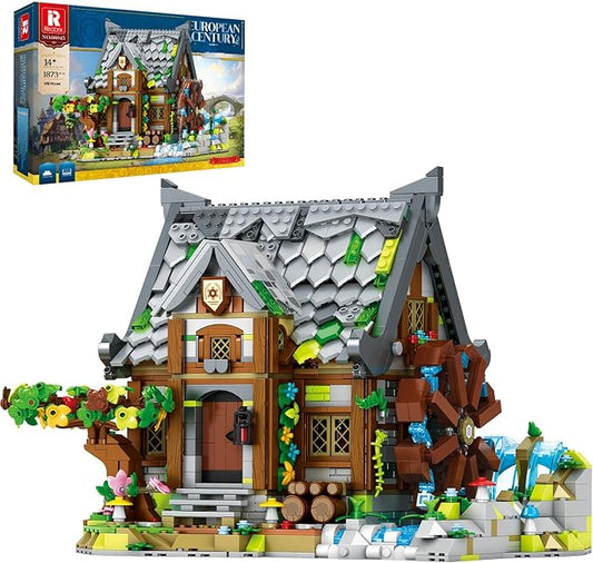 Medieval Watermill Building Set – 1873 PCS Medieval House with Rotating Water Wheel, Architecture Collectible Building Bricks Kit for Adults and Medieval Village Fans